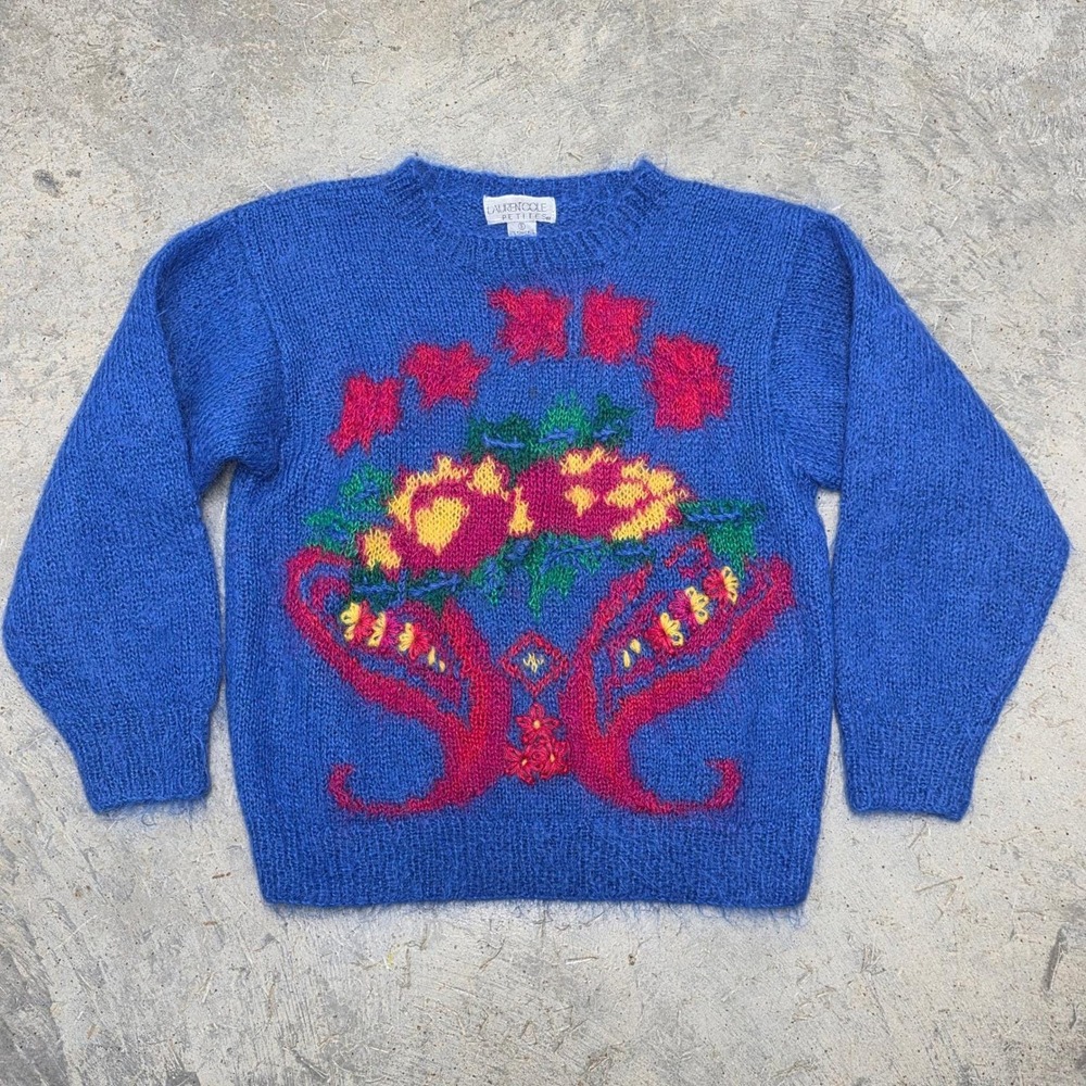 Vintage Lauren Cole Petites Blue Mohair Acrylic Floral Sweater Size Small‎